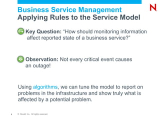 Business Service Management
    Applying Rules to the Service Model
             Key Question: “How should monitoring information
             affect reported state of a business service?”



             Observation: Not every critical event causes
             an outage!



    Using algorithms, we can tune the model to report on
    problems in the infrastructure and show truly what is
    affected by a potential problem.

8   © Novell, Inc. All rights reserved.
 