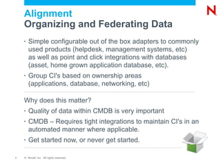 Alignment
    Organizing and Federating Data
    •   Simple configurable out of the box adapters to commonly
        used products (helpdesk, management systems, etc)
        as well as point and click integrations with databases
        (asset, home grown application database, etc).
    •   Group CI's based on ownership areas
        (applications, database, networking, etc)

    Why does this matter?
    •   Quality of data within CMDB is very important
    •   CMDB – Requires tight integrations to maintain CI's in an
        automated manner where applicable.
    •   Get started now, or never get started.

7   © Novell, Inc. All rights reserved.
 