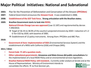 Major Political Initiatives: National and Subnational
2003:    Plan for the Prevention of Deforestation and Conservation of the Amazon (PPCDAm)
2007:    Federal Government announces the Amazon Fund. It was established in 2008;
2008:    Establishment of the GCF Task Force. Strong articulation with the Brazilian states;
2009:    Brazilian Government starts to look into REDD;
         National Climate Change Law was approved (Law 12.187) and regulamented by decree
         7.390/2010.
          Target of 36.1% to 38.9% of the country’s projected emissions by 2020 = reduction of 1.2
            G Ton CO2 by 2020, with baseline of 2005.
          Establishment of 12 policy instruments. Among them: PPCDAm and ABC Plan.
2010:
   •     Government of Acre: Implementation of SISA (Environmental Services System) and the
         establishment of a MOU with California (USA) and Chiapas (MX);
2011 / 2012:
   •     Forest Code  still a question mark..
   •     Other subnational governments: Amazonas and Mato Grosso did public consultations for
         the implementation of a local REDD Policy and an environmental services legislation;
   •     Brazilian National REDD Policy: still inexistent.. Currently under analysis at Senate and at the
         House of Representatives. Ministry of Environment intends to
         consolidate the efforts  no final decision yet..
 