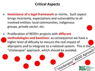 Critical Aspects

   Inexistance of a legal framework or norms. Such aspect
    brings incertenty, expectations and vulnerability to all
    involved entities: local communities, indigenous
    groups, private sector, etc.

   Proliferation of REDD+ projects with different
    methodologies and baselines: as consequence we have a
    higher level of dificulty to mesure the real impact of
    allprojects and to integrate to a national system. This is the
    “chickenpox” approach, which should be avoided.
 