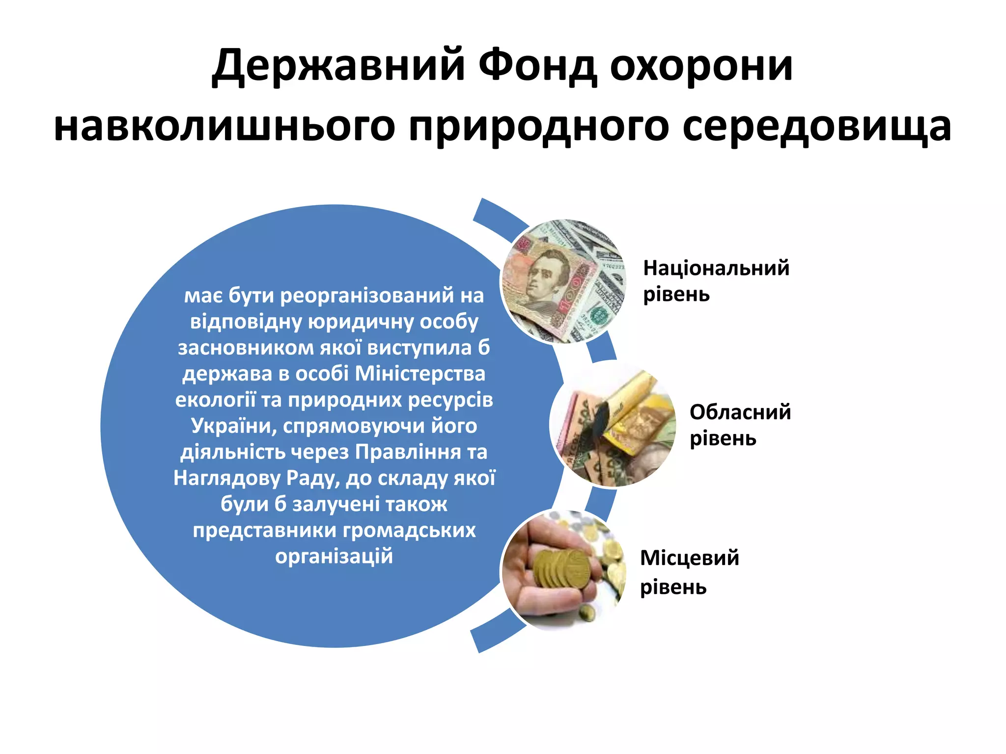 Державний Фонд охорони
навколишнього природного середовища
має бути реорганізований на
відповідну юридичну особу
засновником якої виступила б
держава в особі Міністерства
екології та природних ресурсів
України, спрямовуючи його
діяльність через Правління та
Наглядову Раду, до складу якої
були б залучені також
представники громадських
організацій
Національний
рівень
Обласний
рівень
Місцевий
рівень
 