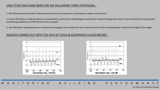 M O N I T O R I N G B U I L D I N G P E R F O R M A N C E
By Arpit Jain & Anubhav Rastogi
CASE STUDY WAS DONE BASED ON THE FOLLOWING THREE HYPOTHESES :
1. Mit Rehan would have better thermal performance as compared to contemporary modern architecture.
2. Due to Mit Rehan’s material selection & sustainable construction methodology it would have reduced energy levels due to natural heating & cooling, while
maintaining satisfactory comfort levels of its occupants.
3. Also Mit Rehan would produce an architectural language that satisfies the user’s needs & wants while maintaining the traditional heritage of the region.
ANALYSIS CARRIED OUT WITH THE HELP OF TOOLS & EQUIPMENTS LISTED BEFORE :
 
