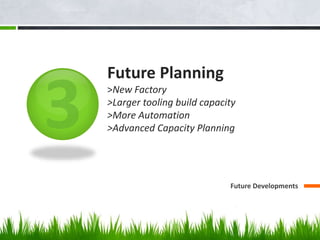 Future Planning
>New Factory
>Larger tooling build capacity
>More Automation
>Advanced Capacity Planning
Future Developments
 
