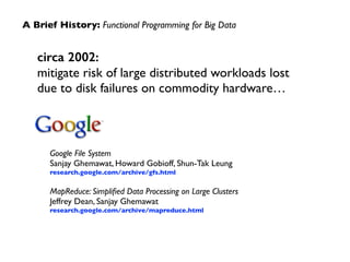 A Brief History: Functional Programming for Big Data 
circa 2002: 
mitigate risk of large distributed workloads lost 
due to disk failures on commodity hardware… 
Google File System 
Sanjay Ghemawat, Howard Gobioff, Shun-Tak Leung 
research.google.com/archive/gfs.html 
! 
MapReduce: Simplified Data Processing on Large Clusters 
Jeffrey Dean, Sanjay Ghemawat 
research.google.com/archive/mapreduce.html 
 