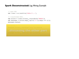 Spark Deconstructed: Log Mining Example 
// base RDD! 
val lines = sc.textFile("hdfs://...")! 
! 
// transformed RDDs! 
val errors = lines.filter(_.startsWith("ERROR"))! 
val messages = errors.map(_.split("t")).map(r => r(1))! 
messages.cache()! 
! 
// action 1! 
messages.filter(_.contains("mysql")).count()! 
! 
// discussing action 2! 
the other part 
messages.filter(_.contains("php")).count() 
 