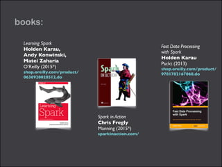 books: 
Fast Data Processing 
with Spark 
Holden Karau 
Packt (2013) 
shop.oreilly.com/product/ 
9781782167068.do 
Spark in Action 
Chris Fregly 
Manning (2015*) 
sparkinaction.com/ 
Learning Spark 
Holden Karau, 
Andy Konwinski, 
Matei Zaharia 
O’Reilly (2015*) 
shop.oreilly.com/product/ 
0636920028512.do 
 