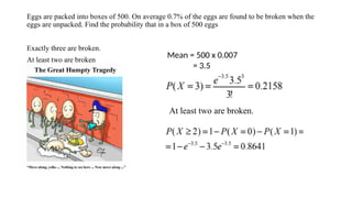 Eggs are packed into boxes of 500. On average 0.7% of the eggs are found to be broken when the
eggs are unpacked. Find the probability that in a box of 500 eggs
Exactly three are broken.
At least two are broken
Mean = 500 x 0.007
= 3.5
At least two are broken.
 