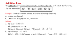 Addition Law
The addition law provides a way to compute the probability of event A, or B, or both A and occurring
The law is written as:
Example: A deck of 52 cards is shuffled. What is the probability of drawing:
a. A heart or a diamond?
b. A face card (King, Queen, Jack) or an Ace?
Solution:
c. P(Heart) = 13/52 = 1/4
P(Diamond) = 13/52 = 1/4
P(Heart Diamond) = P(Heart) + P(Diamond) = 1/4 + 1/4 = 1/2
∪
b. P(Face card) = 12/52 = 3/13
P(Ace) = 4/52 = 1/13P(Face card Ace) = P(Face card) + P(Ace) = 3/13 + 1/13 = 4/13
∪
P(A B) = P(A) + P(B) - P(A  B
 