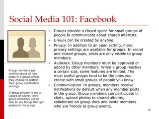Social Media 101: Facebook
                              • Groups provide a closed space for small groups of
                                  people to communicate about shared interests.
                              •   Groups can be created by anyone.
                              •   Privacy: In addition to an open setting, more
                                  privacy settings are available for groups. In secret
                                  and closed groups, posts are only visible to group
                                  members.
                              •   Audience: Group members must be approved or
                                  added by other members. When a group reaches
Group members get                 a certain size, some features are limited. The
notified about all new
posts in a group unless           most useful groups tend to be the ones you
they choose to restrict           create with small groups of people you know.
their group notification
settings.                     •   Communication: In groups, members receive
                                  notifications by default when any member posts
If group privacy is set to        in the group. Group members can participate in
Closed or Secret, only
group members will be             chats, upload photos to shared albums,
able to see things that get       collaborate on group docs and invite members
posted in the group.              who are friends to group events.
                                                                                         18
 