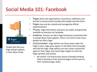 Social Media 101: Facebook
                        •   Pages allow real organizations, businesses, celebrities and
                            brands to communicate broadly with people who like them.
                        •   Pages may only be created and managed by official
                            representatives.
                        •   Privacy: Page information and posts are public and generally
                            available to everyone on Facebook.
                        •   Audience: Anyone can like a Page to become connected with
                            it and get News Feed updates. There is no limit to how many
                            people can like a Page.
                        •   Communication: Page admins can share posts under the
People who like your        Page’s name. Page posts appear in the News Feed of people
Page will get updates       who like the Page. Page admins can also create customized
in their News Feeds.        apps for their Pages and check Page Insights to track the
                            Page’s growth and activity.
                              • Be careful! I’ve heard many stories of people thinking
                                 they’re posting to their personal pages and the post to
                                 their company page. Oops!

                                                                                           17
 