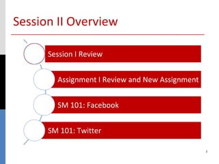 Session II Overview

      Session I Review


        Assignment I Review and New Assignment


        SM 101: Facebook


      SM 101: Twitter

                                                 2
 