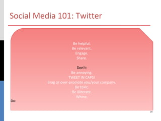 Social Media 101: Twitter

                       Be helpful.
                       Be relevant.
                         Engage.
                          Share.

                            Don’t:
                        Be annoying.
                       TWEET IN CAPS!
          Brag or over-promote you/your company.
                          Be toxic.
                         Be illiterate.
                           Whine.
Do:


                                                   14
 