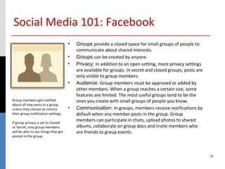 Social Media 101: Facebook
                                      •   Groups provide a closed space for small groups of people to
                                          communicate about shared interests.
                                      •   Groups can be created by anyone.
                                      •   Privacy: In addition to an open setting, more privacy settings
                                          are available for groups. In secret and closed groups, posts are
                                          only visible to group members.
                                      •   Audience: Group members must be approved or added by
                                          other members. When a group reaches a certain size, some
                                          features are limited. The most useful groups tend to be the
Group members get notified                ones you create with small groups of people you know.
about all new posts in a group
unless they choose to restrict        •   Communication: In groups, members receive notifications by
their group notification settings.        default when any member posts in the group. Group
If group privacy is set to Closed
                                          members can participate in chats, upload photos to shared
or Secret, only group members             albums, collaborate on group docs and invite members who
will be able to see things that get       are friends to group events.
posted in the group.




                                                                                                             18
 