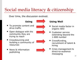 Social media literacy & citizenship
     Over time, the discussion evolved.

                   Using                  Using Well
    To promote content and                  Social media factor in
     drive traffic                            organic SEO
    Open dialogue with the                  Customer service
     community they are                       extending beyond the
     trying to reach                          1-800 number
    Crowdsourcing and                       Crowdfunding,
     building a community of                  recruitment of talent &
     resources                                hiring
    News & information                      Crisis management &
     publishing                               direct-to-audience
                                              messaging
                                                                       12
 