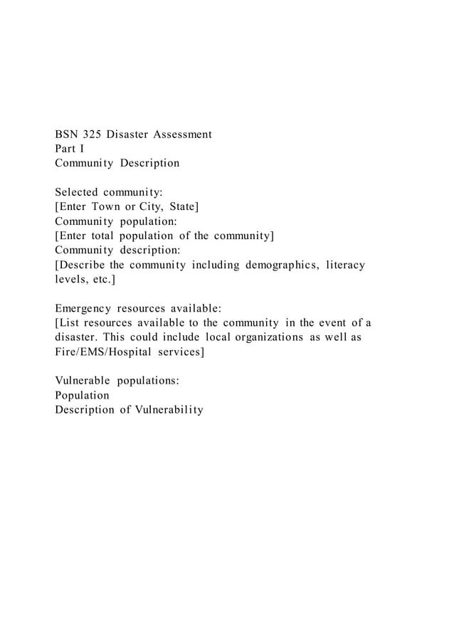 BSN 325 Disaster AssessmentPart Description PDF