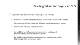  Les modèles de diffusion choisis par les revues
 25 revues, soit 50% sont diffusées sous abonnement avec barrière mobile
 20 revues soit 40% ont choisi une diffusion numérique en accès ouvert
 5 revues soit 10% sans accès numérique
 Sur les 20 revues diffusées numériquement en accès ouvert,
8 revues ont en parallèle une version papier
 Sur les 25 revues diffusées sous abonnement avec barrière mobile,
21 ont en parallèle une version papier
Pas de gold auteur payeur en SHS
 