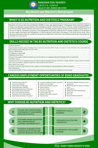 Bachelor of Science in Nutrition and Dietetics (BSND) is a four-year degree program in Pangasinan State University, Lingayen
Campus that designed to equip students with knowledge and skills in the three key areas of nutrition, namely Hospital Nutrition,
Community (Public Health) Nutrition and Food Service. The BSND program teaches students the principles and procedures of
the use of food for therapeutic purposes in the management of persons suffering from a disease. Students of this program
are also taught techniques and management of food production, particularly the phases of the food service cycle: menu
planning, purchasing, receiving, storage and issuance, pre-preparation, production, merchandising and service, food safety and
sanitation and cost control.
WHAT IS BS NUTRITION AND DIETITECS PROGRAM?
SKILLS NEEDED IN THE BS NUTRITION AND DIETETICS COURSE
Enjoy working with diverse groups of people. You must sense and understand client’s reactions to a plan or to new information. Also, a personable and
patient demeanor builds rapport and trust with clients
The willingness to help people
Since your work involves scientific information, you must be able to turn complicated details into language clients can understand.
technical know-how is very important because you will use tools and equipment including calorimeters to gauge metabolism, glucose meters to evaluate
blood sugar and bioelectric impedance machines to electronically measure body fat.
the ability to work with ideas and look for facts, apply nutritional knowledge to craft eating plans for clients and patients
must possess the ability to listen to people with an open mind and use that information to help them with their eating
■ Chief Nutritionist-Dietitian
■ Food Service Manager -
■ Culinary Nutrition Specialist
■ Clinical Nutritionist-Dietitian
■ Gerontological Nutritionist-Dietitians
■ Neonatal Nutritionist-Dietitians
■ Sports and Fitness Nutritionist
■ Therapeutic Nutritionist-Dietitian
■ Public Health Nutritionist Consultant
■ Corporate Wellness Program Consultant
■ Weight Loss Consultant
■ Nutrition and Dietetics Teacher
■ Dietary Director
■ Nutrition Teacher
■ Food Service Supervisor
■ Canteen Supervisor
■ Research Nutritionist-Dietitian
■ Food Scientist
■ Nutritionist-Dietitian in Quality Control
Department
■ Nutritionist-Dietitian (Product Develop-
ment)
■ Menu planner
■ Health Care Sales Representative
■ Food Clerk
■ Diet Cook
■ Food and Beverage Checker
CAREERS/EMPLOYMENT OPPORTUNITIES OF BSND GRADUATES
REGION’S PREMIER UNIVERSITY OF CHOICEPSU:
L I N G A Y E N C A M P U S
COLLEGE OF ARTS, SCIENCES AND LETTERS
PANGASINAN STATE UNIVERSITY
WHY CHOOSE BS NUTRITION AND DIETETICS?
1 2
3 4
5 6
OUTCOMES-BASED EDUCATION
AND COMPREHENSIVE
LEARNING EXPERIENCE WITH
COMPETENT FACULTY
MEMBERS
EXTENSIVE ACADEMIC EXTRA-
CURRICULAR ACTIVITIES AND
SUPPORT SERVICES FOR STUDENTS
IT’S DEFINITELY FUN IN BSND
PROGRAM
UPGRADED FACILITIES AND
LABORATORY
ISO 9001:2015, INSTITUTIONAL
SUSTAINABILITY ASSESSMENT,
INVESTOR IN PEOPLE
NUTRITION AND DIETETICS DEPARTMENT
 