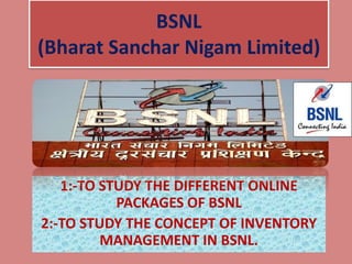 BSNL
(Bharat Sanchar Nigam Limited)




   1:-TO STUDY THE DIFFERENT ONLINE
           PACKAGES OF BSNL
2:-TO STUDY THE CONCEPT OF INVENTORY
         MANAGEMENT IN BSNL.
 