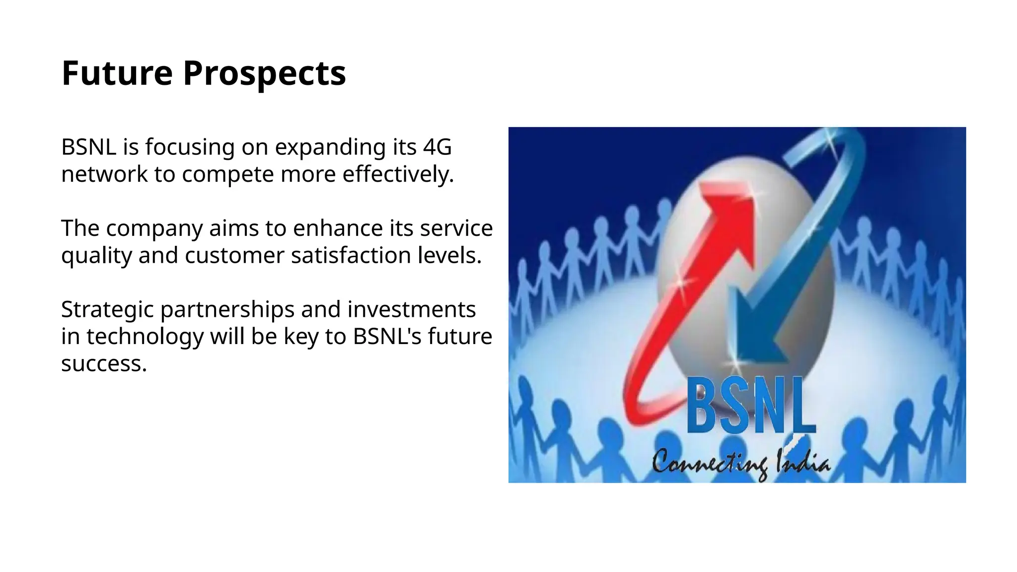 Future Prospects
BSNL is focusing on expanding its 4G
network to compete more effectively.
The company aims to enhance its service
quality and customer satisfaction levels.
Strategic partnerships and investments
in technology will be key to BSNL's future
success.
 