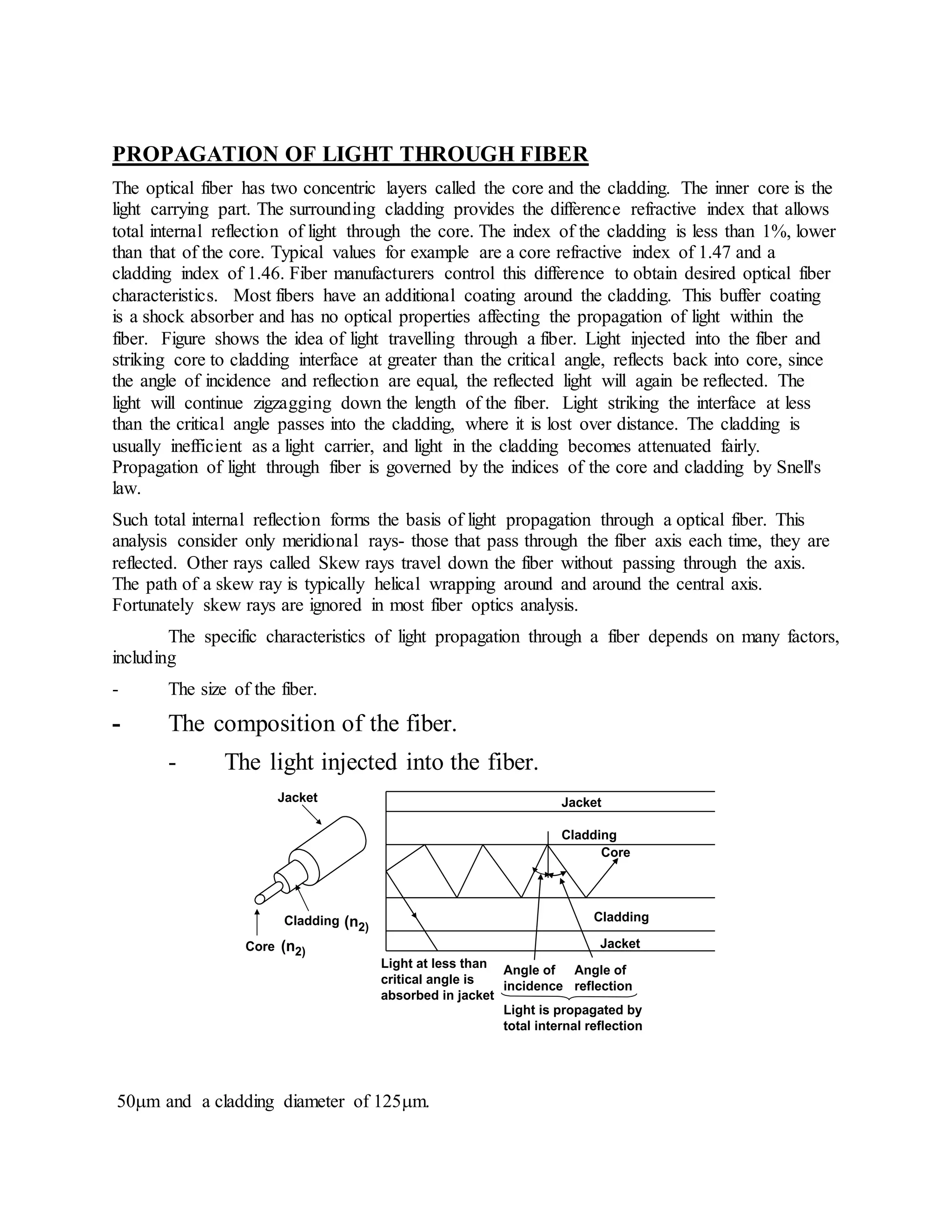 PROPAGATION OF LIGHT THROUGH FIBER 
The optical fiber has two concentric layers called the core and the cladding. The inner core is the 
light carrying part. The surrounding cladding provides the difference refractive index that allows 
total internal reflection of light through the core. The index of the cladding is less than 1%, lower 
than that of the core. Typical values for example are a core refractive index of 1.47 and a 
cladding index of 1.46. Fiber manufacturers control this difference to obtain desired optical fiber 
characteristics. Most fibers have an additional coating around the cladding. This buffer coating 
is a shock absorber and has no optical properties affecting the propagation of light within the 
fiber. Figure shows the idea of light travelling through a fiber. Light injected into the fiber and 
striking core to cladding interface at greater than the critical angle, reflects back into core, since 
the angle of incidence and reflection are equal, the reflected light will again be reflected. The 
light will continue zigzagging down the length of the fiber. Light striking the interface at less 
than the critical angle passes into the cladding, where it is lost over distance. The cladding is 
usually inefficient as a light carrier, and light in the cladding becomes attenuated fairly. 
Propagation of light through fiber is governed by the indices of the core and cladding by Snell's 
law. 
Such total internal reflection forms the basis of light propagation through a optical fiber. This 
analysis consider only meridional rays- those that pass through the fiber axis each time, they are 
reflected. Other rays called Skew rays travel down the fiber without passing through the axis. 
The path of a skew ray is typically helical wrapping around and around the central axis. 
Fortunately skew rays are ignored in most fiber optics analysis. 
The specific characteristics of light propagation through a fiber depends on many factors, 
including 
- The size of the fiber. 
- The composition of the fiber. 
- The light injected into the fiber. 
Jacket 
Cladding 
Core 
Cladding 
Angle of 
reflection 
Angle of 
incidence 
Light at less than 
critical angle is 
absorbed in jacket 
Jacket 
Light is propagated by 
total internal reflection 
Jacket 
Cladding 
Core 
(n2) 
(n2) 
Fig. Total Internal Reflection in an optical Fibre 
50m and a cladding diameter of 125m. 
 