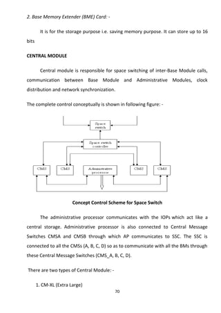 2. Base Memory Extender (BME) Card: - 
It is for the storage purpose i.e. saving memory purpose. It can store up to 16 
bits 
CENTRAL MODULE 
Central module is responsible for space switching of inter-Base Module calls, 
communication between Base Module and Administrative Modules, clock 
distribution and network synchronization. 
The complete control conceptually is shown in following figure: - 
Concept Control Scheme for Space Switch 
The administrative processor communicates with the IOPs which act like a 
central storage. Administrative processor is also connected to Central Message 
Switches CMSA and CMSB through which AP communicates to SSC. The SSC is 
connected to all the CMSs (A, B, C, D) so as to communicate with all the BMs through 
these Central Message Switches (CMS_A, B, C, D). 
There are two types of Central Module: - 
1. CM-XL (Extra Large) 
70 
 