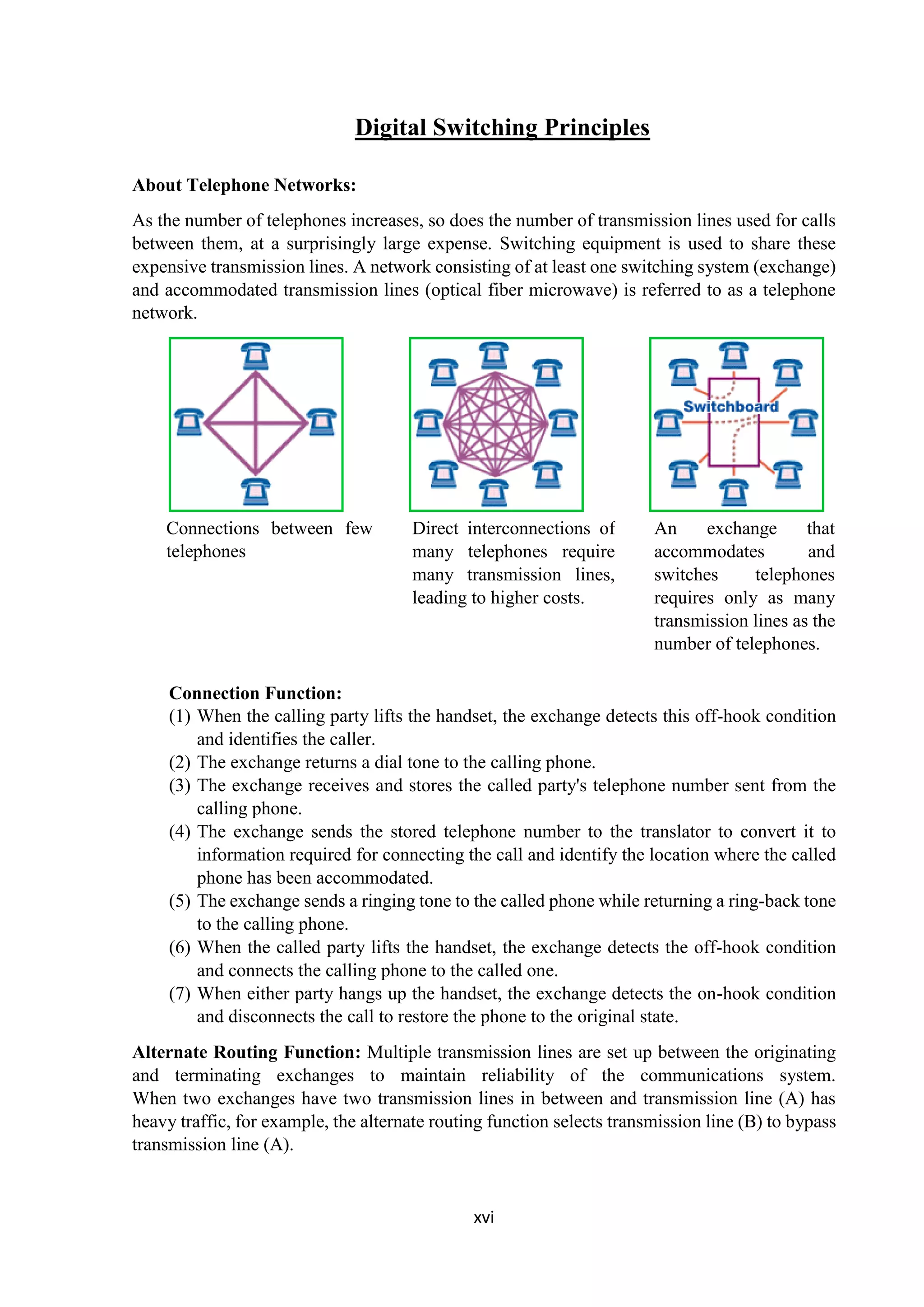 xvi
Digital Switching Principles
About Telephone Networks:
As the number of telephones increases, so does the number of transmission lines used for calls
between them, at a surprisingly large expense. Switching equipment is used to share these
expensive transmission lines. A network consisting of at least one switching system (exchange)
and accommodated transmission lines (optical fiber microwave) is referred to as a telephone
network.
Connections between few
telephones
Direct interconnections of
many telephones require
many transmission lines,
leading to higher costs.
An exchange that
accommodates and
switches telephones
requires only as many
transmission lines as the
number of telephones.
Connection Function:
(1) When the calling party lifts the handset, the exchange detects this off-hook condition
and identifies the caller.
(2) The exchange returns a dial tone to the calling phone.
(3) The exchange receives and stores the called party's telephone number sent from the
calling phone.
(4) The exchange sends the stored telephone number to the translator to convert it to
information required for connecting the call and identify the location where the called
phone has been accommodated.
(5) The exchange sends a ringing tone to the called phone while returning a ring-back tone
to the calling phone.
(6) When the called party lifts the handset, the exchange detects the off-hook condition
and connects the calling phone to the called one.
(7) When either party hangs up the handset, the exchange detects the on-hook condition
and disconnects the call to restore the phone to the original state.
Alternate Routing Function: Multiple transmission lines are set up between the originating
and terminating exchanges to maintain reliability of the communications system.
When two exchanges have two transmission lines in between and transmission line (A) has
heavy traffic, for example, the alternate routing function selects transmission line (B) to bypass
transmission line (A).
 