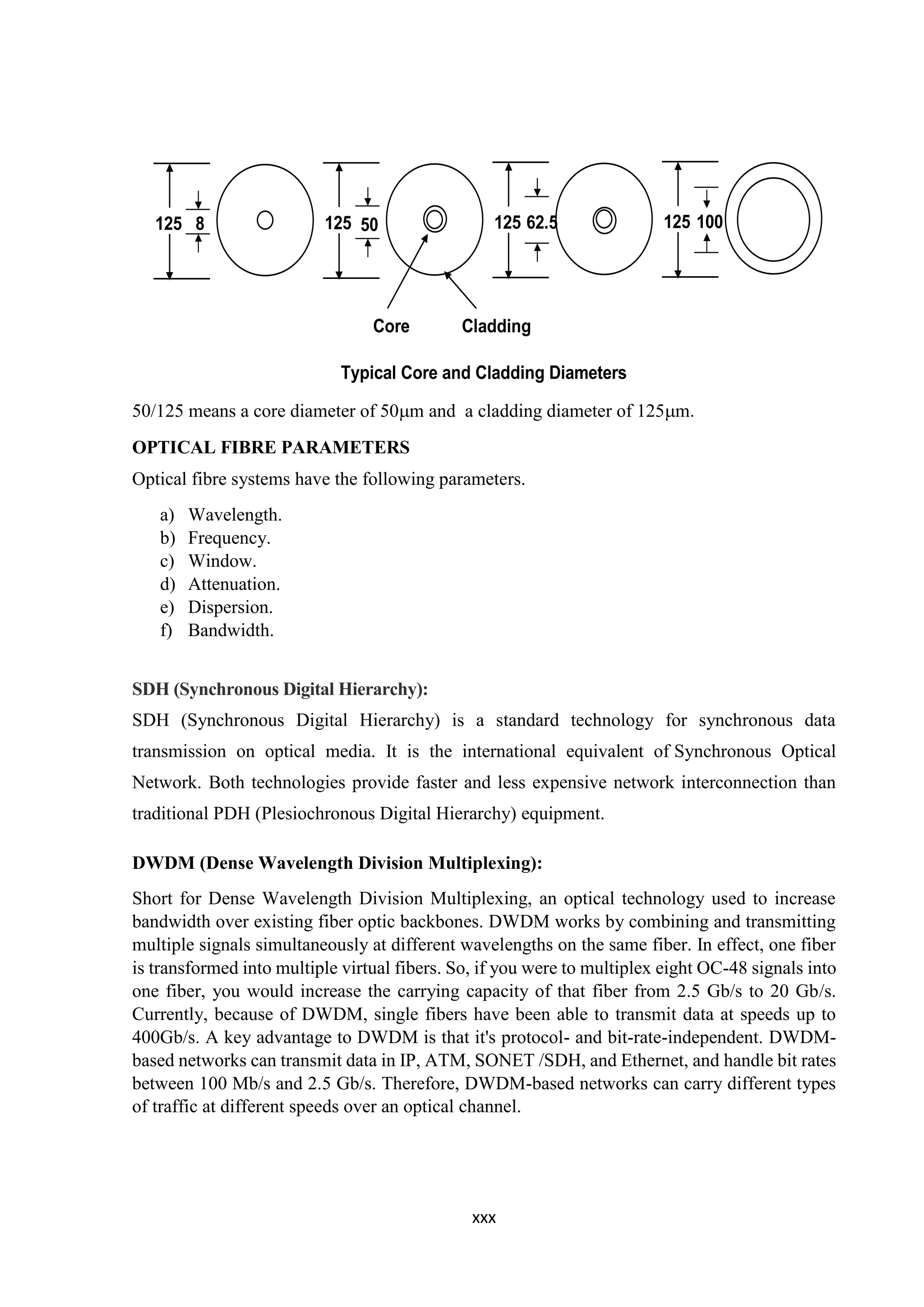 xxx
Fibre sizes are usually expressed by first giving the core size followed by the cladding size. Thus
50/125 means a core diameter of 50m and a cladding diameter of 125m.
OPTICAL FIBRE PARAMETERS
Optical fibre systems have the following parameters.
a) Wavelength.
b) Frequency.
c) Window.
d) Attenuation.
e) Dispersion.
f) Bandwidth.
SDH (Synchronous Digital Hierarchy):
SDH (Synchronous Digital Hierarchy) is a standard technology for synchronous data
transmission on optical media. It is the international equivalent of Synchronous Optical
Network. Both technologies provide faster and less expensive network interconnection than
traditional PDH (Plesiochronous Digital Hierarchy) equipment.
DWDM (Dense Wavelength Division Multiplexing):
Short for Dense Wavelength Division Multiplexing, an optical technology used to increase
bandwidth over existing fiber optic backbones. DWDM works by combining and transmitting
multiple signals simultaneously at different wavelengths on the same fiber. In effect, one fiber
is transformed into multiple virtual fibers. So, if you were to multiplex eight OC-48 signals into
one fiber, you would increase the carrying capacity of that fiber from 2.5 Gb/s to 20 Gb/s.
Currently, because of DWDM, single fibers have been able to transmit data at speeds up to
400Gb/s. A key advantage to DWDM is that it's protocol- and bit-rate-independent. DWDM-
based networks can transmit data in IP, ATM, SONET /SDH, and Ethernet, and handle bit rates
between 100 Mb/s and 2.5 Gb/s. Therefore, DWDM-based networks can carry different types
of traffic at different speeds over an optical channel.
125 8 125 50 125 62.5 125 100
Core Cladding
Typical Core and Cladding Diameters
 
