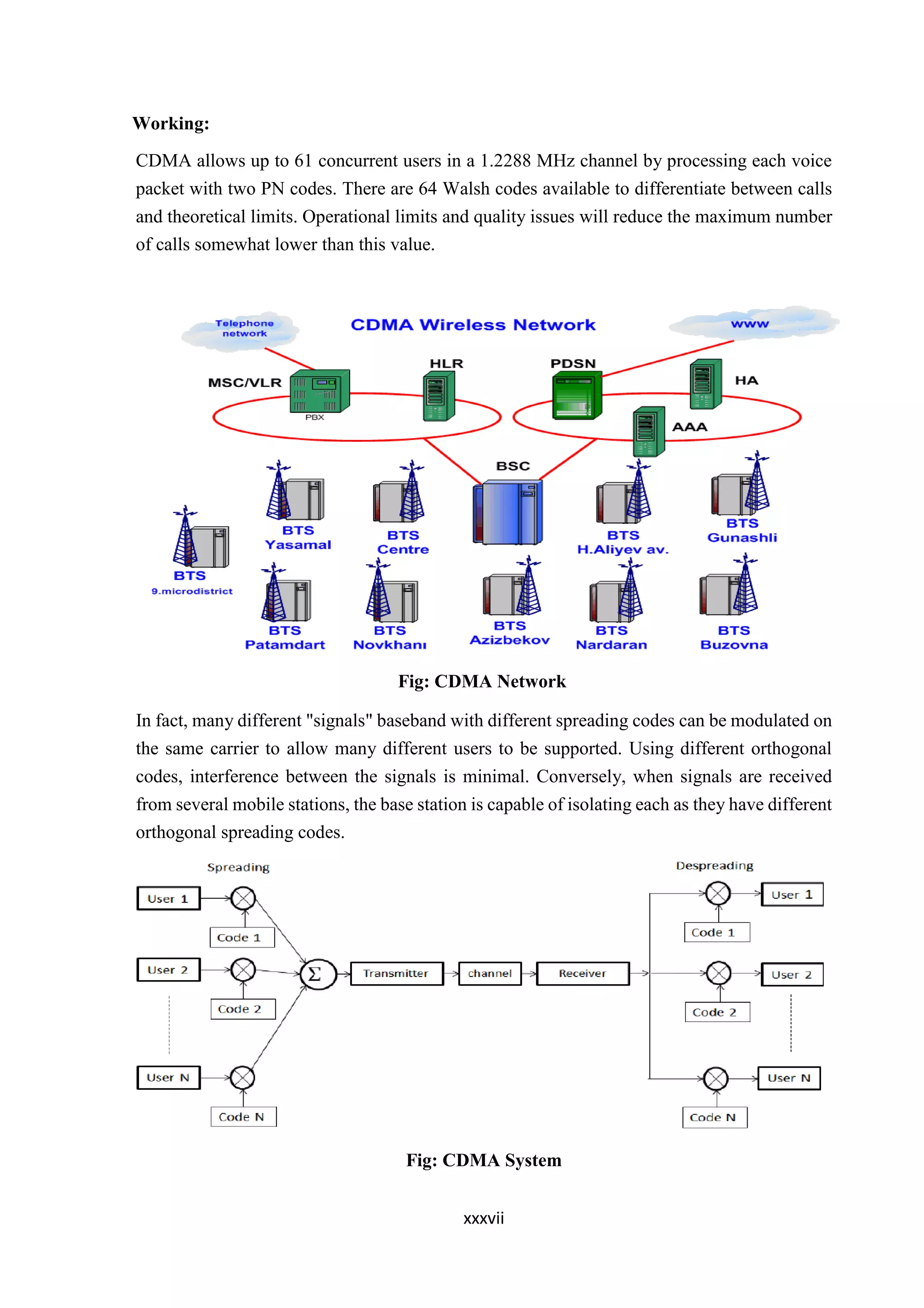 xxxvii
Working:
CDMA allows up to 61 concurrent users in a 1.2288 MHz channel by processing each voice
packet with two PN codes. There are 64 Walsh codes available to differentiate between calls
and theoretical limits. Operational limits and quality issues will reduce the maximum number
of calls somewhat lower than this value.
Fig: CDMA Network
In fact, many different "signals" baseband with different spreading codes can be modulated on
the same carrier to allow many different users to be supported. Using different orthogonal
codes, interference between the signals is minimal. Conversely, when signals are received
from several mobile stations, the base station is capable of isolating each as they have different
orthogonal spreading codes.
Fig: CDMA System
 