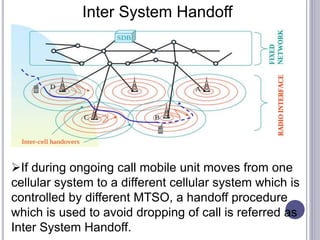 Inter System Handoff
If during ongoing call mobile unit moves from one
cellular system to a different cellular system which is
controlled by different MTSO, a handoff procedure
which is used to avoid dropping of call is referred as
Inter System Handoff.
 