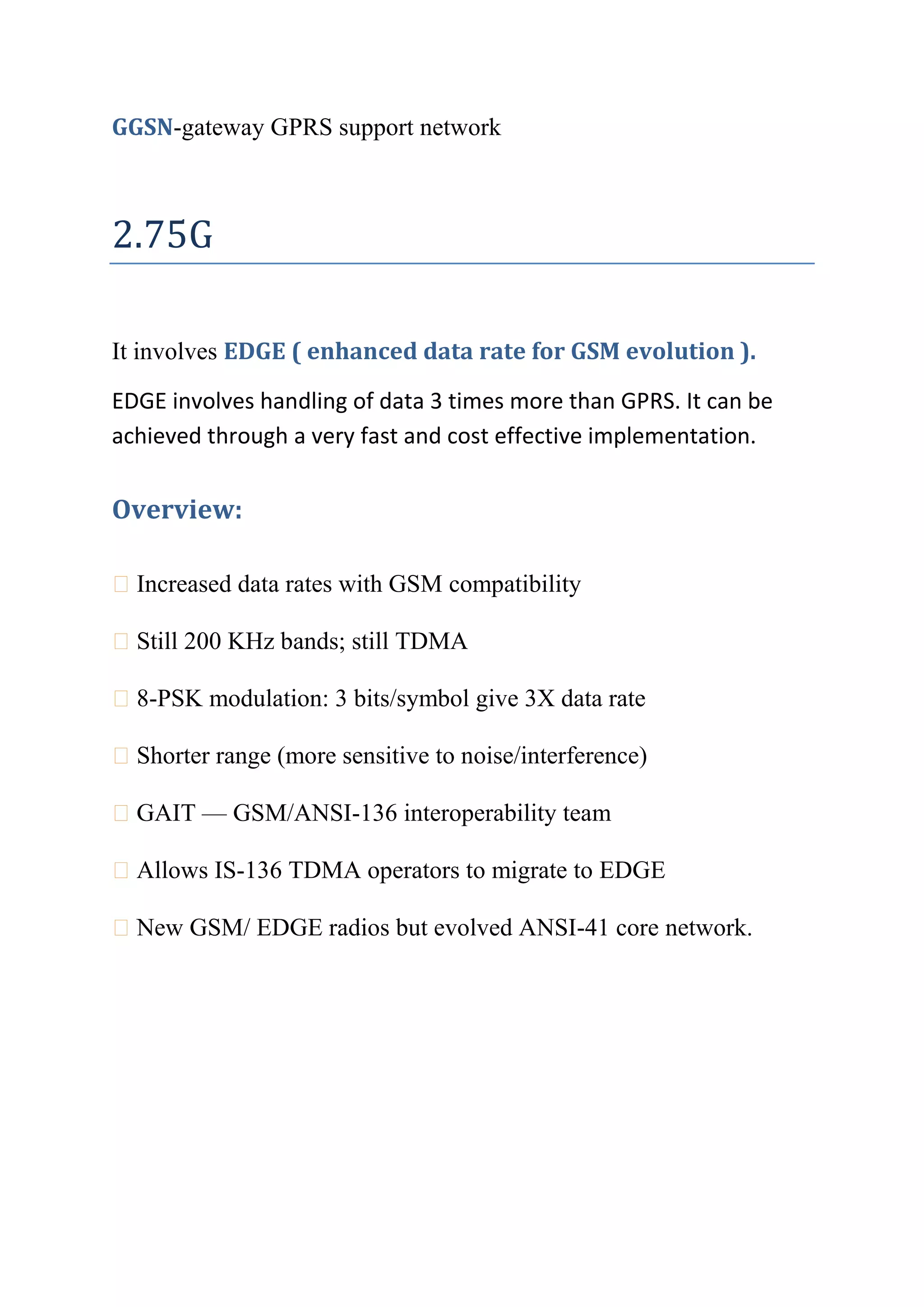 Uw1361-1) Market is asking for more advanced services than what is                               available now( voice calls & low data rate services).Market requirements are classified in three different sectionsUMTS1) Why 3G?MobilityVideo conferencingVideo telephonyWide band data   servicesComputer Data E-mailReal time image  transferMultimediaMobile ComputingVideo on demandInteractive video  servicesElectronic newspaperTeleshoppingValue added internet   servicesTV & Radio contributionsTelecommunicationComputer dataAudio-Video content<br />Data speed:<br />The data speed of 3G is determined based on a combination of factors including the chip rate, channel structure, power control, and synchronization.<br />An example of calculating the theoretical 3G data speed is as follows: <br />W-CDMA assigned code 400-500 Kpbs/code.  6 codes X 400 > 2Mbps (UMTS target for 3G data speed in fixed location) <br />Actual data speeds will vary in accordance with several factors including: <br />Number of users in cell/sector <br />Distance of user from cell <br />User is moving or stationary <br />Network operator capacity and network optimization requirements <br />Radio Access Method is Wideband Code Division Multiple Access(WCDMA). In GSM, we use TDM (Time Division Multiplexing) as the transmission method between the different network elements. For UMTS, ATM (Asynchronous Transfer Mode) has been chosen as the transmission method in the radio access network. The basic difference between TDM and ATM is that in TDM, we use timeslots for conveying information between network elements. In ATM, on the other hand, the data is transmitted in cells (packets) of fixed size across the network. (An ATM cell has 48 octets of payload, 5 octets of headers.)<br />WCDMA technical characteristicsOptimized  packet access on common or dedicated channel.High spectrum efficiency5 MHz carriersFrequency Division Duplex, FDD3.84 Mcps chip rateVariable spreading codes<br />COMPARISON OF WCDMA AND CDMA:<br />Both use a coding scheme that separates each subscriber from other subscribers<br />Both use control channels to manage the network<br />W-CDMA and CDMA2000 are not compatible from the perspective that they have different chip rates - 3.84 MCPS for W-CDMA vs. 1.2888 MCPS for CMDA2000.   W-CDMA uses a 5 MHz channel.  Initially, CDMA2000 uses only a 1.25 MHz channel, but with CDMA2000 3x, three 1.25 MHz channels can be combined to form a super channel structure.<br />W-CDMA is synchronous, relying on mobile station time measurements between two base stations, rather than using GPS as CDMA2000 does.<br />There are three modes of operation for W-CDMA/CDMA2000: <br />Direct Sequence (DS) W-CDMA (UMTS) for Frequency Divsion Duplex (FDD) <br />W-CDMA Time Division Duplex (TDD) <br />CDMA2000 Multi-carrier FDD <br />Each of the three radio interface methods may be employed on either a GSM or ANSI-based Core Network (CN).<br />IS-833 is a standard, developed by the 3GPP2, to support CDMA2000 1xRTT Radio Access Network (RAN) to interface with a GSM CN.  RAN upgrade required includes CDMA base station and BSC.  CN upgrade required includes CDMA PDSN and AAA server.<br />Services:<br />􀁺 SMS, EMS, MMS<br />􀁺 Location-based services<br />􀁺 3G-324M Video<br />􀁺 VoIP w/o QoS; Push-to-Talk<br />􀁺 IP Multimedia Services (w/ QoS)<br />􀁺 Converged “All IP” networks<br />Applications:<br />Mobile Interview <br />In today's global scenario, the 3G technology will enable organizations and qualifiedcandidates to have a telephonic interview in a modern way through video conferencing.Traditional telephonic interview and personal interviews may be replaced by 3G voiceand video conferencing. This will reduce the cost and save the time of both theorganizations and the candidates.<br />Conferences <br />3G technology provides for video conferencing which can help the Human ResourceDepartment interact with their seniors at the time of urgency without wasting otherresources. This can be very much helpful when the concerned person is out of state orcountry.<br />File Transfer <br />With the advent of video and audio multimedia and a faster rate of downloading e-mailattachments, employees in an organization can request any urgent file or report they needto present to the clients. This will again reduce the burden on organization's resources andincrease employee effectiveness.<br />E -learning & M-learning <br />3G technology provides for internet browsing that will help the employees to surf andlearn using their 3G cell phones while traveling (m-learning) or from home. Theorganizations can schedule training modules for the employees of other branches throughvideo conferences.<br />Some more applications:<br />􀁺 Travel information<br />􀂄 Make request via voice<br />􀂄 Receive response in text<br />􀁺 Directions<br />􀂄 Make request via voice<br />􀂄 Receive initial response in text<br />􀂄 Get updates while traveling via voice<br />or SMS or rich graphics<br />􀁺 One-to-many messaging<br />􀂄 Record message via voice or text<br />􀂄 Deliver message via voice, SMS,E-mail.<br />CONCLUSION<br />Voice was the driver for the second generation mobile and has been a considerable success. Today, video and TV services are driving forward third generation (3G) deployement and in the future, low cost , high speed data will drive forward the 4th generation new data services , interactive T.V.<br />REFERENCES<br />www.scribd.com<br />www.wikipedia.com<br />www.mobileIN.com<br />techterms@whatis.com<br />www.google.com<br />www.bsnl.in<br />www.nmscommunications.com<br />