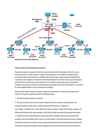 Network Connectivity Diagram:
Typical setup and connection procedures
Physicalconnectionmustcomefirst.Onthecustomerside,theDSLTransceiver,orATU-R,ormore
commonlyknownasaDSLmodem,ishookeduptoaphoneline.Thetelephonecompany(telco)
connectstheotherendofthelinetoa DSLAM,whichconcentratesalarge numberofindividualDSL
connectionsintoasinglebox.ThelocationoftheDSLAMdependsonthetelco,butitcannotbelocated
toofarfromtheuserbecauseofattenuation,thelossofdataduetothelargeamountofelectrical
resistanceencounteredasthedatamovesbetweentheDSLAMandtheuser'sDSLmodem.Itiscommon
forafewresidentialblockstobeconnectedtooneDSLAM.
WhentheDSLmodempowersupitgoesthroughasyncprocedure.Theactualprocessvariesfrom
modemtomodembutgenerallyinvolvesthefollowingsteps:
1. TheDSLtransceiverperformsaself-test.
2. TheDSLtransceivercheckstheconnectionbetweentheDSLtransceiverandthcomputer.For
residentialvariationsofDSL,thisisusuallytheEthernet(RJ-45)portoraUSBport;in
rare models, a FireWire portis used.OlderDSLmodemssporteda nativeATMinterface(usually,a25
Mbitserialinterface).Also,somevariationsofDSL(suchasSDSL)usesynchronousserialconnections.
3. TheDSLtransceiverthenattemptstosynchronizewiththeDSLAM.Datacanonlycomeintothe
computerwhentheDSLAMandthemodemaresynchronized.Thesynchronizationprocessisrelatively
quick(intherangeofseconds)butisverycomplex,involvingextensiveteststhatallowbothsidesofthe
connectiontooptimizetheperformanceaccordingtothecharacteristicsofthelineinuse.Externalor
 