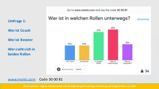 Arbeitswelt 4.0 – Digitale Transformation und die Bedeutung für Coaching und Beratung, BSO Regiotreffen, 1.11.2018
Umfrage 1:
Wer ist Coach
Wer ist Berater
Wer sieht sich in
beiden Rollen
www.menti.com Code 30 00 81
 