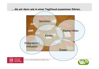 … die wir dann wie in einer TagCloud zusammen führen.



                                           Senioren


                                                                         Kleine Hilfen
                                                         Kinder

          Integration /
            Inklusion
                                                                       Essen


         10.07.2012 | Susanne Robra-Bissantz | BSocialBar | Seite 14
 
