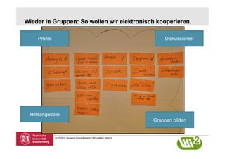 Wieder in Gruppen: So wollen wir elektronisch kooperieren.

    Profile                                                                     Diskussionen




 Hilfsangebote
                                                                            Gruppen bilden


              10.07.2012 | Susanne Robra-Bissantz | BSocialBar | Seite 18
 