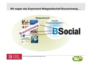 Wir wagen das Experiment Webgesellschaft Braunschweig …


                                          Webgesellschaft
                                                                            Virtuelle
                                                                      Kooperationsplattform




         10.07.2012 | Susanne Robra-Bissantz | BSocialBar | Seite 2
 