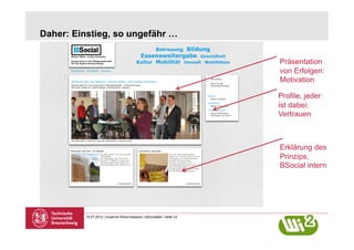 Daher: Einstieg, so ungefähr …

                                                                        Präsentation
                                                                        von Erfolgen:
                                                                        Motivation

                                                                        Profile, jeder
                                                                        ist dabei:
                                                                        Vertrauen



                                                                        Erklärung des
                                                                        Prinzips,
                                                                        BSocial intern




          10.07.2012 | Susanne Robra-Bissantz | BSocialBar | Seite 23
 