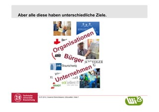 Aber alle diese haben unterschiedliche Ziele.




                                              Bürg
                                                                 er




          10.07.2012 | Susanne Robra-Bissantz | BSocialBar | Seite 7
 