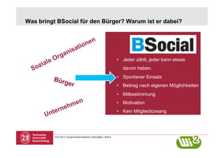 Was bringt BSocial für den Bürger? Warum ist er dabei?




                                                                       •  Jeder zählt, jeder kann etwas
                                                                         davon haben.
                                                                       •  Spontaner Einsatz
         Bürg
                       er                                              •  Beitrag nach eigenen Möglichkeiten
                                                                       •  Mitbestimmung
                                                                       •  Motivation
                                                                       •  Kein Mitgliedszwang




          10.07.2012 | Susanne Robra-Bissantz | BSocialBar | Seite 8
 