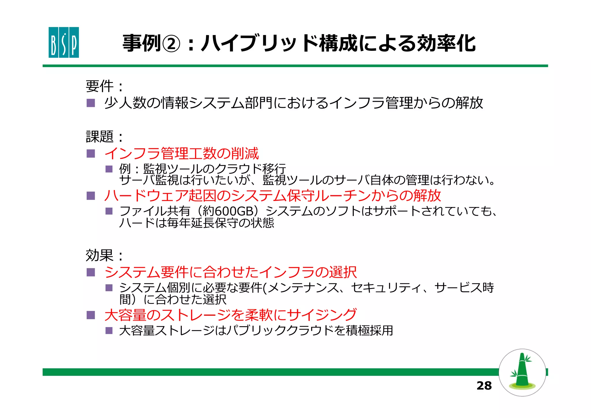 28
事例例②：ハイブリッド構成による効率率率化
要件：
n  少⼈人数の情報システム部⾨門におけるインフラ管理理からの解放
課題：
n  インフラ管理理⼯工数の削減
n  例例：監視ツールのクラウド移⾏行行
サーバ監視は⾏行行いたいが、監視ツールのサーバ⾃自体の管理理は⾏行行わない。
n  ハードウェア起因のシステム保守ルーチンからの解放
n  ファイル共有（約600GB）システムのソフトはサポートされていても、
ハードは毎年年延⻑⾧長保守の状態
効果：
n  システム要件に合わせたインフラの選択
n  システム個別に必要な要件(メンテナンス、セキュリティ、サービス時
間）に合わせた選択
n  ⼤大容量量のストレージを柔軟にサイジング
n  ⼤大容量量ストレージはパブリッククラウドを積極採⽤用
 