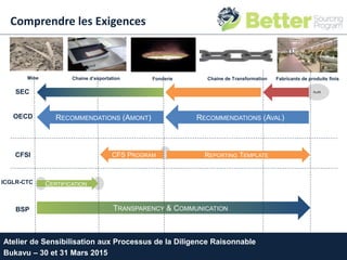 Atelier de Sensibilisation aux Processus de la Diligence Raisonnable
Bukavu – 30 et 31 Mars 2015
Chaine de TransformationFonderieChaine d’exportationMine Fabricants de produits finis
Comprendre les Exigences
BSP TRANSPARENCY & COMMUNICATION
AuditSEC
OECD RECOMMENDATIONS (AVAL)RECOMMENDATIONS (AMONT)
CFS PROGRAM REPORTING TEMPLATECFSI
ICGLR-CTC CERTIFICATION
 
