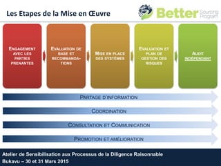 ENGAGEMENT
AVEC LES
PARTIES
PRENANTES
EVALUATION DE
BASE ET
RECOMMANDA-
TIONS
MISE EN PLACE
DES SYSTÈMES
EVALUATION ET
PLAN DE
GESTION DES
RISQUES
AUDIT
INDÉPENDANT
PARTAGE D’INFORMATION
COORDINATION
CONSULTATION ET COMMUNICATION
PROMOTION ET AMÉLIORATION
© The Better Sourcing Program – January 2015
Atelier de Sensibilisation aux Processus de la Diligence Raisonnable
Bukavu – 30 et 31 Mars 2015
Les Etapes de la Mise en Œuvre
 