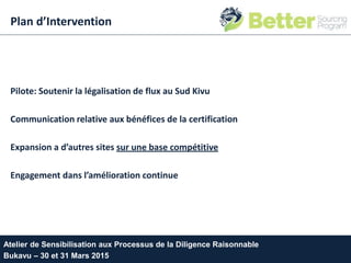 Plan d’Intervention
Pilote: Soutenir la légalisation de flux au Sud Kivu
Communication relative aux bénéfices de la certification
Expansion a d’autres sites sur une base compétitive
Engagement dans l’amélioration continue
Atelier de Sensibilisation aux Processus de la Diligence Raisonnable
Bukavu – 30 et 31 Mars 2015
 