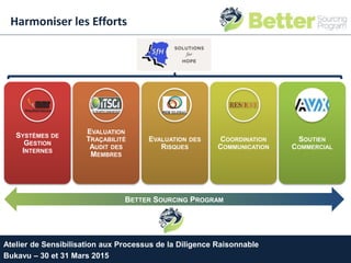 SYSTÈMES DE
GESTION
INTERNES
EVALUATION
TRAÇABILITÉ
AUDIT DES
MEMBRES
EVALUATION DES
RISQUES
COORDINATION
COMMUNICATION
SOUTIEN
COMMERCIAL
BETTER SOURCING PROGRAM
Atelier de Sensibilisation aux Processus de la Diligence Raisonnable
Bukavu – 30 et 31 Mars 2015
Harmoniser les Efforts
 