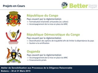 République du Congo
Pays couvert par la réglementation
-> Formalisation d’activités artisanales (or, coltan)
-> Accompagnement de la mise en place du MRC
République Démocratique du Congo
Pays couvert par la réglementation
-> Diversification des options de traçabilité afin de limiter la dépendance du pays
-> Soutien a la certification
Ouganda
Pays couvert par la réglementation
-> Accompagnement de la mise en place du MRC
-> Financements privés
Atelier de Sensibilisation aux Processus de la Diligence Raisonnable
Bukavu – 30 et 31 Mars 2015
Projets en Cours
 