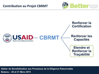 Atelier de Sensibilisation aux Processus de la Diligence Raisonnable
Bukavu – 30 et 31 Mars 2015
Contribution au Projet CBRMT
CBRMT
Renforcer la
Certification
Renforcer les
Capacités
Etendre et
Renforcer la
Traçabilité
 
