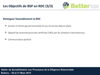 Les Objectifs de BSP en RDC (3/3)
Distinguer favorablement la RDC
Soutien à l’action gouvernementale et aux structures déjà en place
Objectif de reconnaissance des certificats CIRGL par les acheteurs internationaux
Communication positive
Atelier de Sensibilisation aux Processus de la Diligence Raisonnable
Bukavu – 30 et 31 Mars 2015
 
