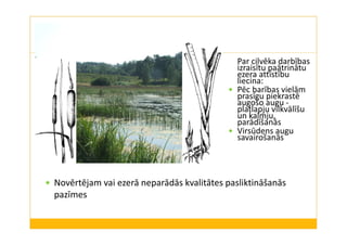 Par cilvēka darbības 
izraisītu paātrinātu 
ezera attīstību 
liecina: 
 Pēc barības vielām 
prasīgu piekrastē 
augošo augu - 
platlapju vilkvālīšu 
un kalmju, 
parādīšanās 
 Virsūdens augu 
savairošanās 
 Novērtējam vai ezerā neparādās kvalitātes pasliktināšanās 
pazīmes 
 