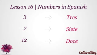 3 Tres
Lesson 16 | Numbers in Spanish
7 Siete
12 Doce
 