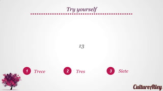 1 2 3
13
Try yourself
Trece Tres Siete
 