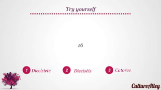 1 2 3
16
Try yourself
Diecisiete Dieciséis Catorce
 